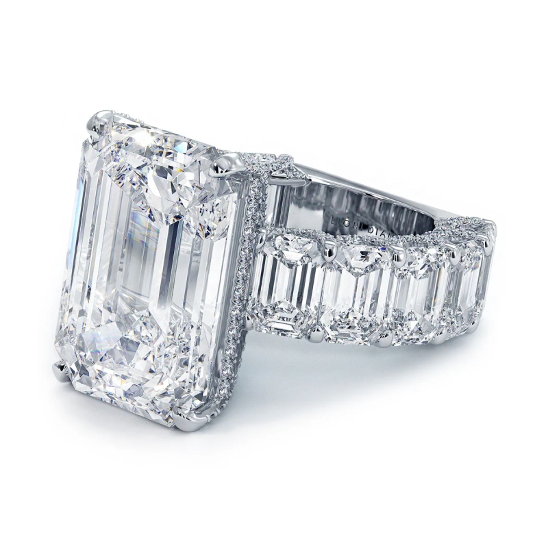 25.8 CT Emerald Cut Paved Engagement Ring in 18K White Gold