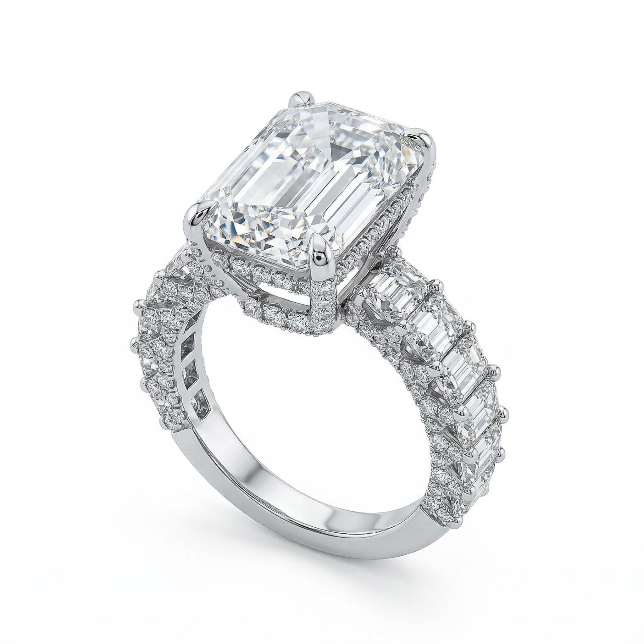 25.8 CT Emerald Cut Paved Engagement Ring in 18K White Gold