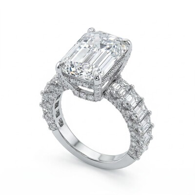 25.8 CT Emerald Cut Paved Engagement Ring in 18K White Gold