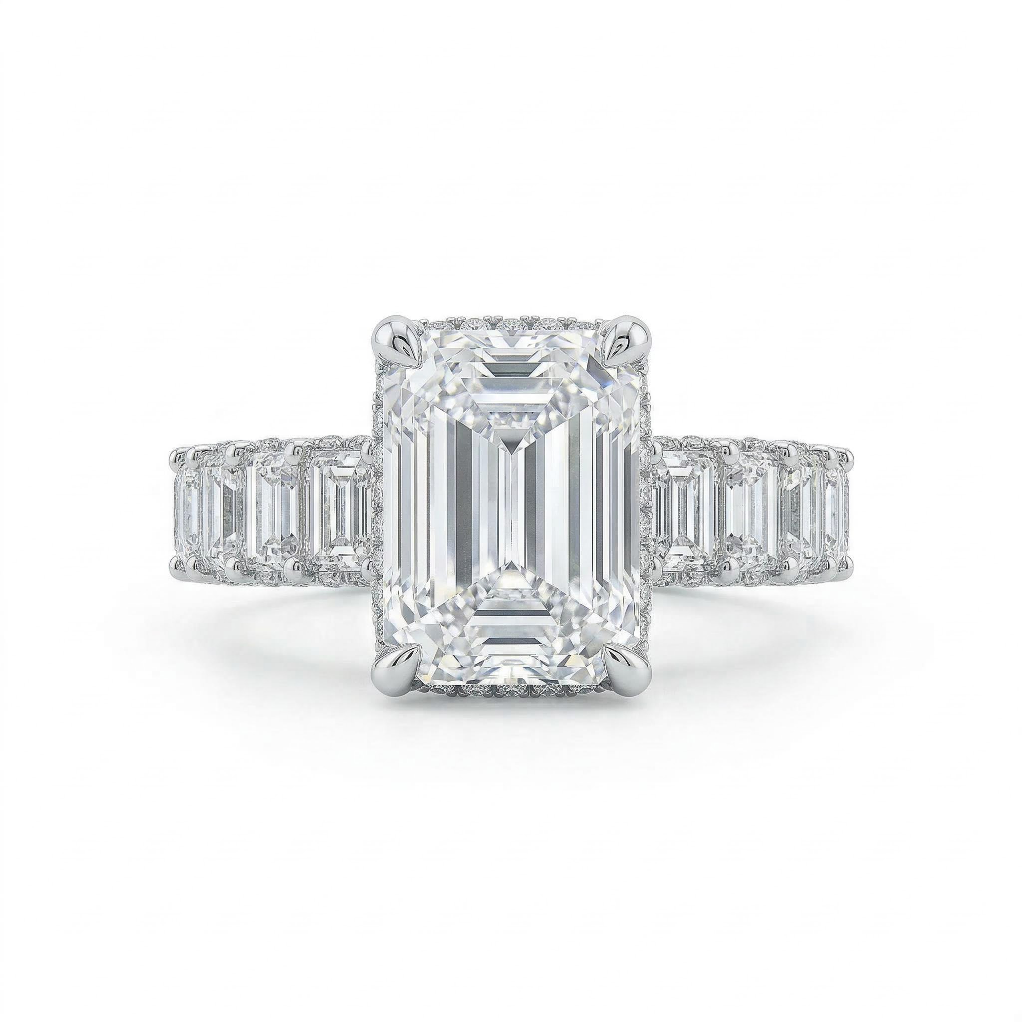 25.8 CT Emerald Cut Paved Engagement Ring in 18K White Gold