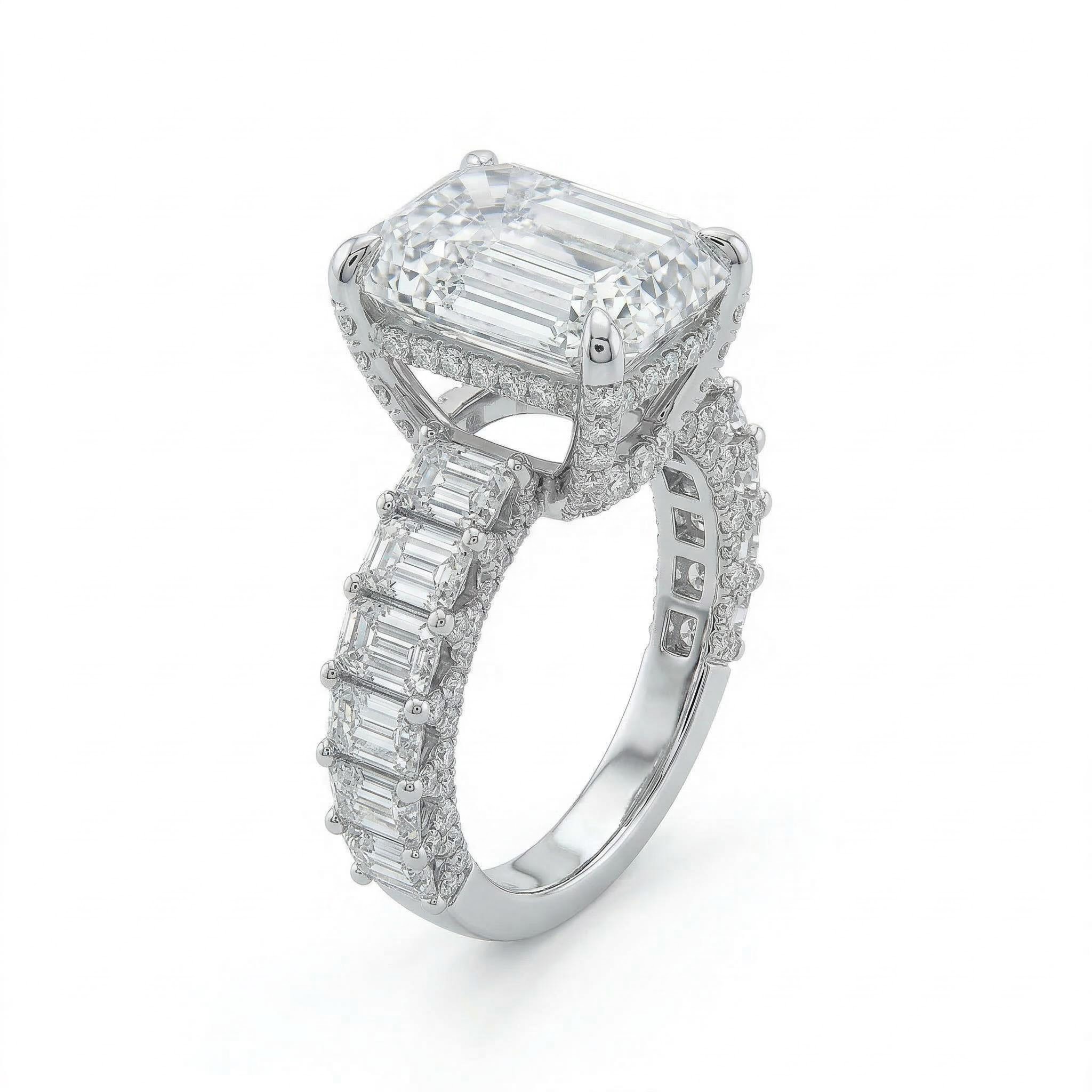 25.8 CT Emerald Cut Paved Engagement Ring in 18K White Gold