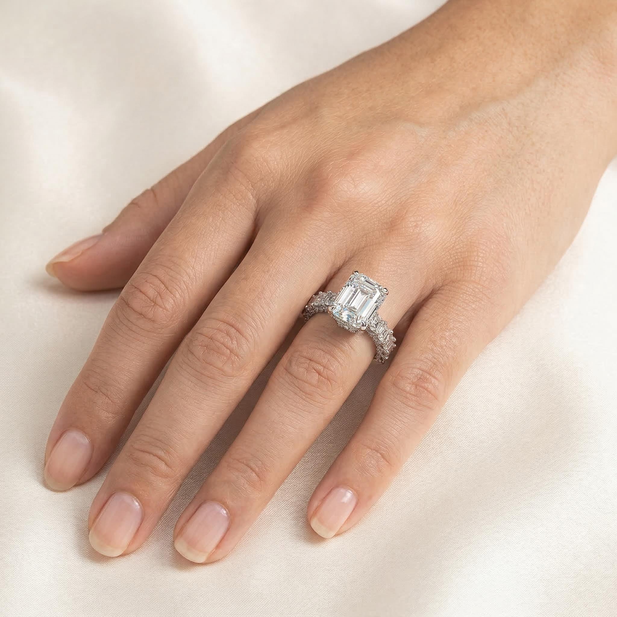 25.8 CT Emerald Cut Paved Engagement Ring in 18K White Gold