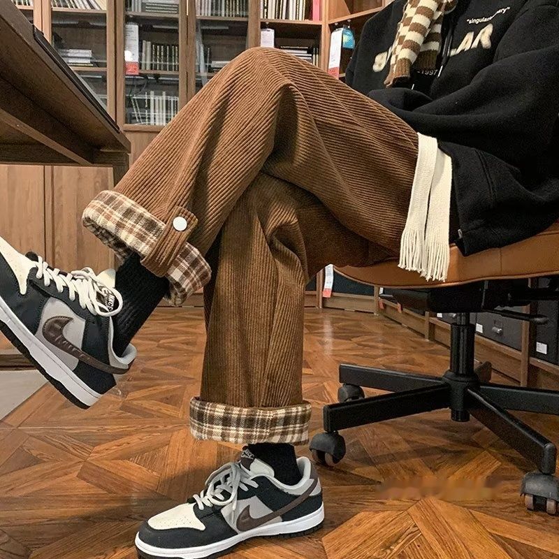 Corduroy Plaid Flap Casual Pants