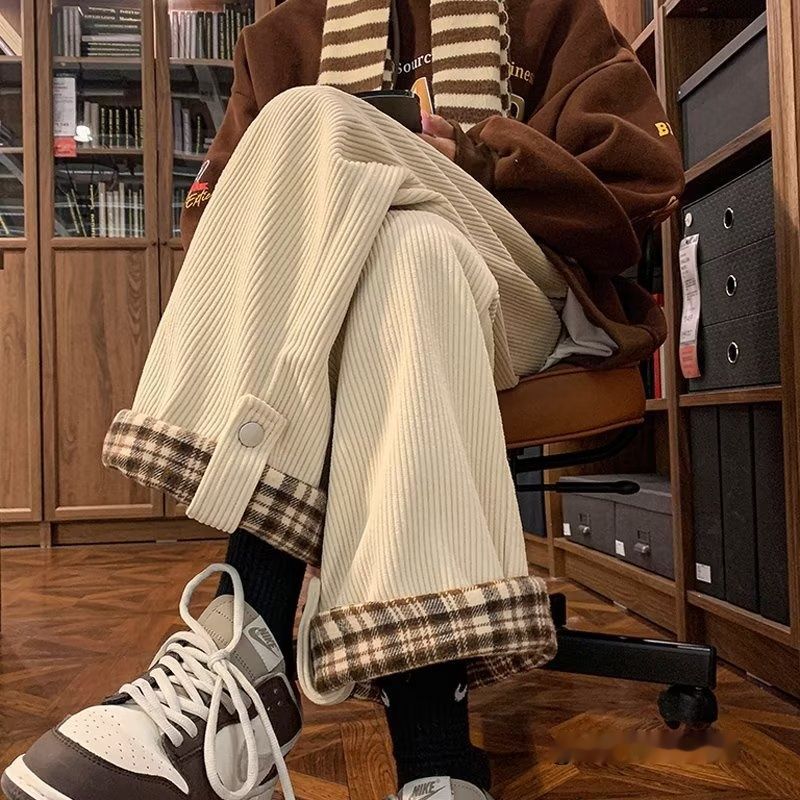 Corduroy Plaid Flap Casual Pants