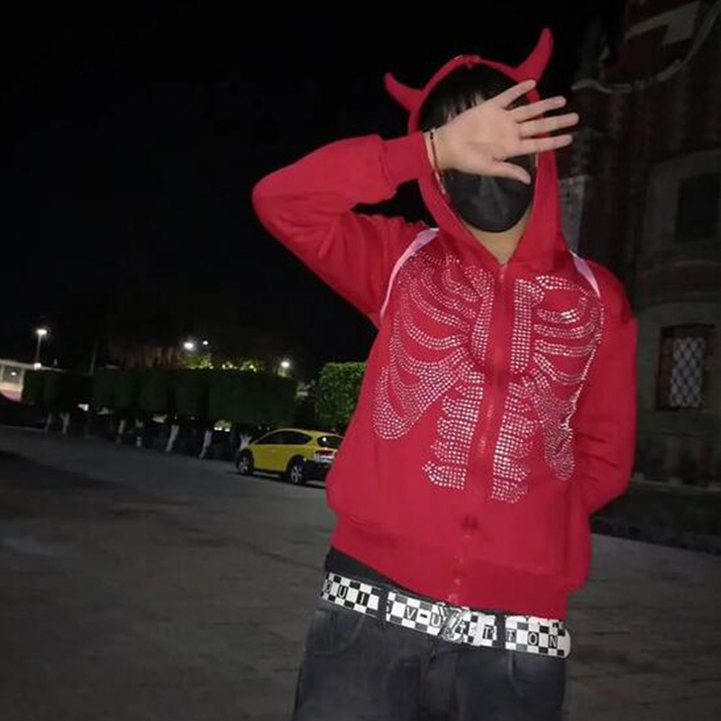 Y2K Rhinestone Devil Print Hoodie