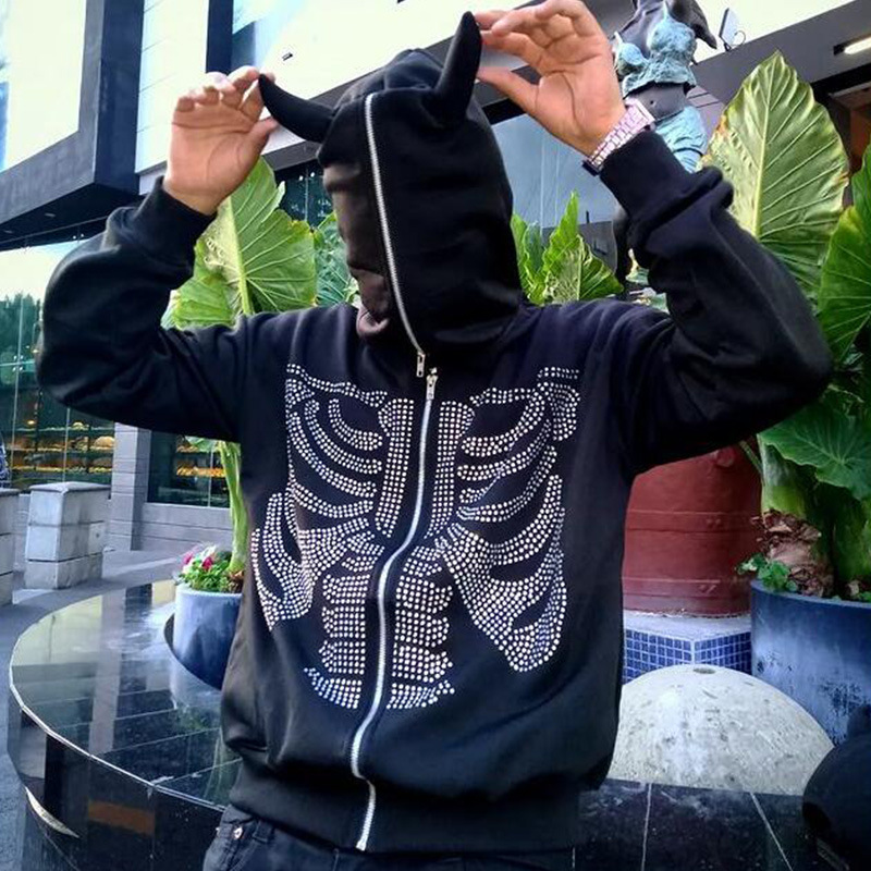 Y2K Rhinestone Devil Print Hoodie