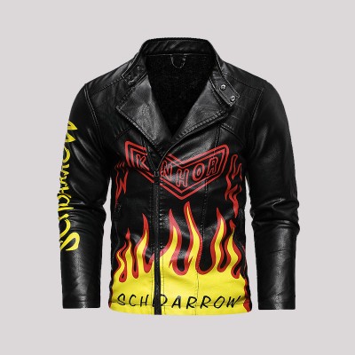 Unisex Flame Letter Graffiti PU Leather Jacket