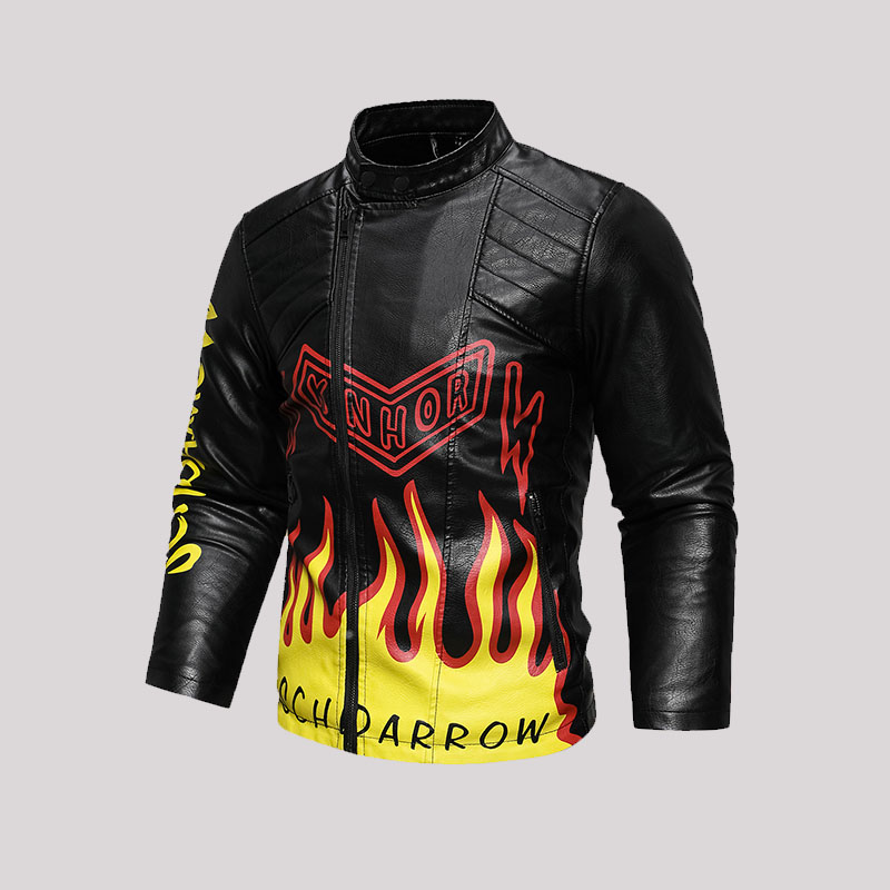 Unisex Flame Letter Graffiti PU Leather Jacket