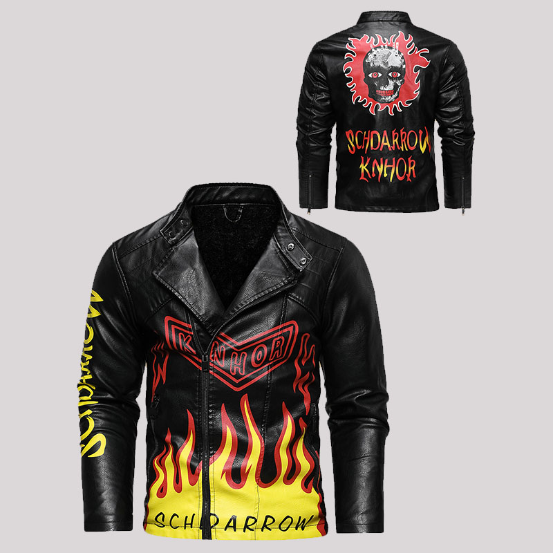 Unisex Flame Letter Graffiti PU Leather Jacket