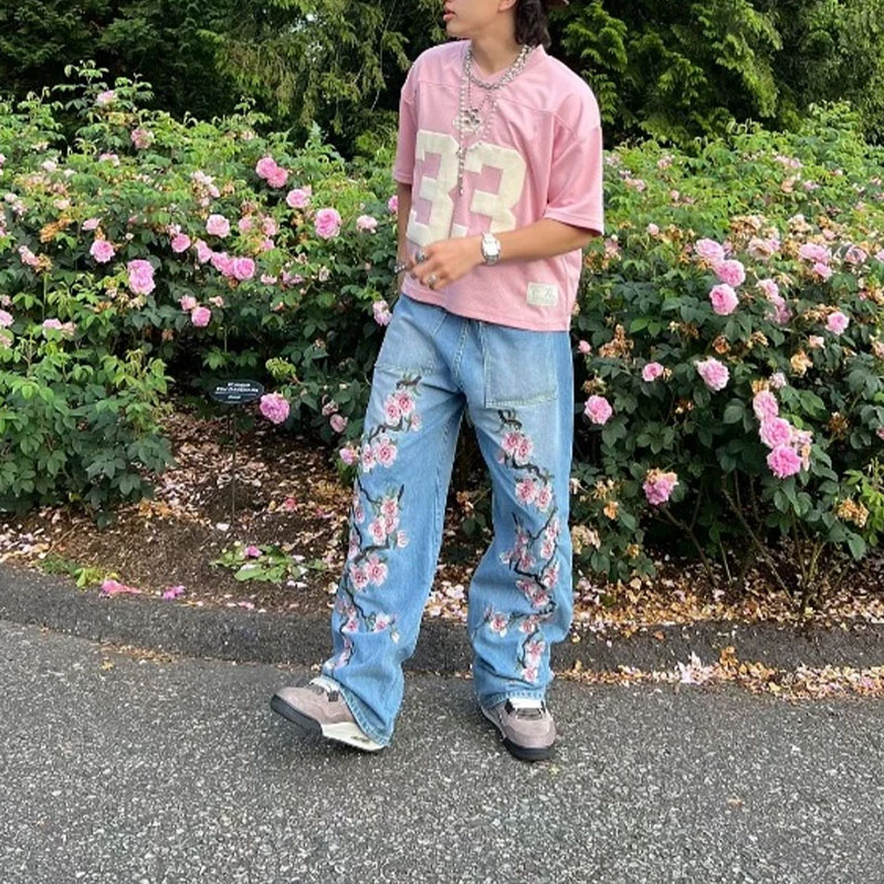 Y2K Vintage Cherry Blossom Pattern Jeans