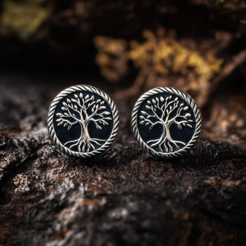 Vintage Lucky Tree of Life with Rope Circle Stud Earrings