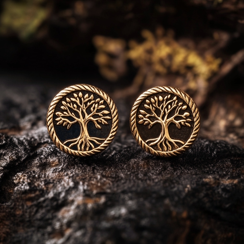 Vintage Lucky Tree of Life with Rope Circle Stud Earrings