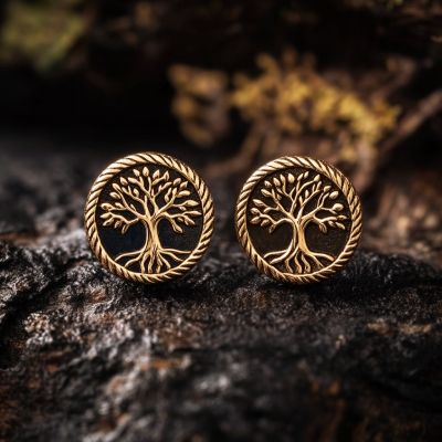 Vintage Lucky Tree of Life with Rope Circle Stud Earrings