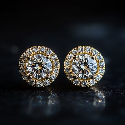 Brilliant Round Cut Halo Stud Earrings in Gold