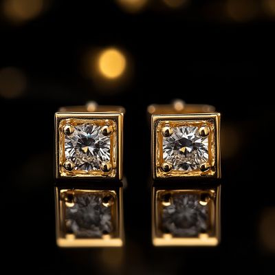 Square Round Diamond Stud Earrings