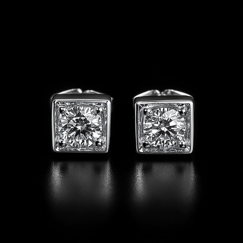 Square Round Diamond Stud Earrings