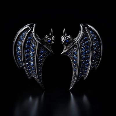 Royal Blue Sapphire Bats Stud Earrings in Black Gold