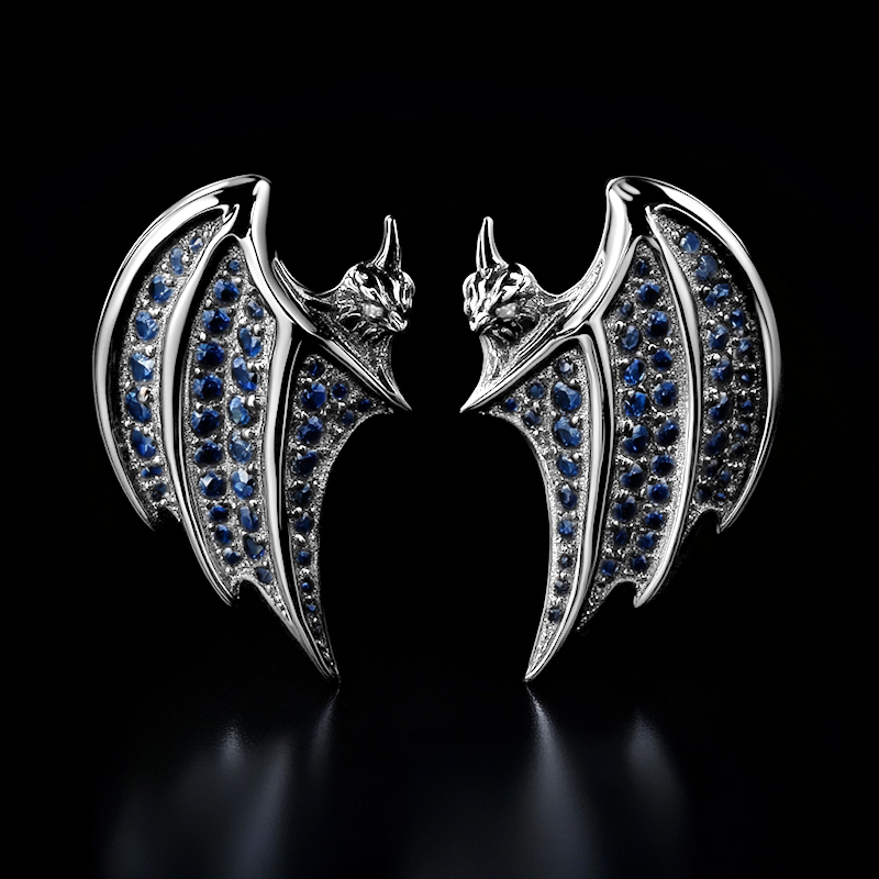 Royal Blue Sapphire Bats Stud Earrings in Black Gold