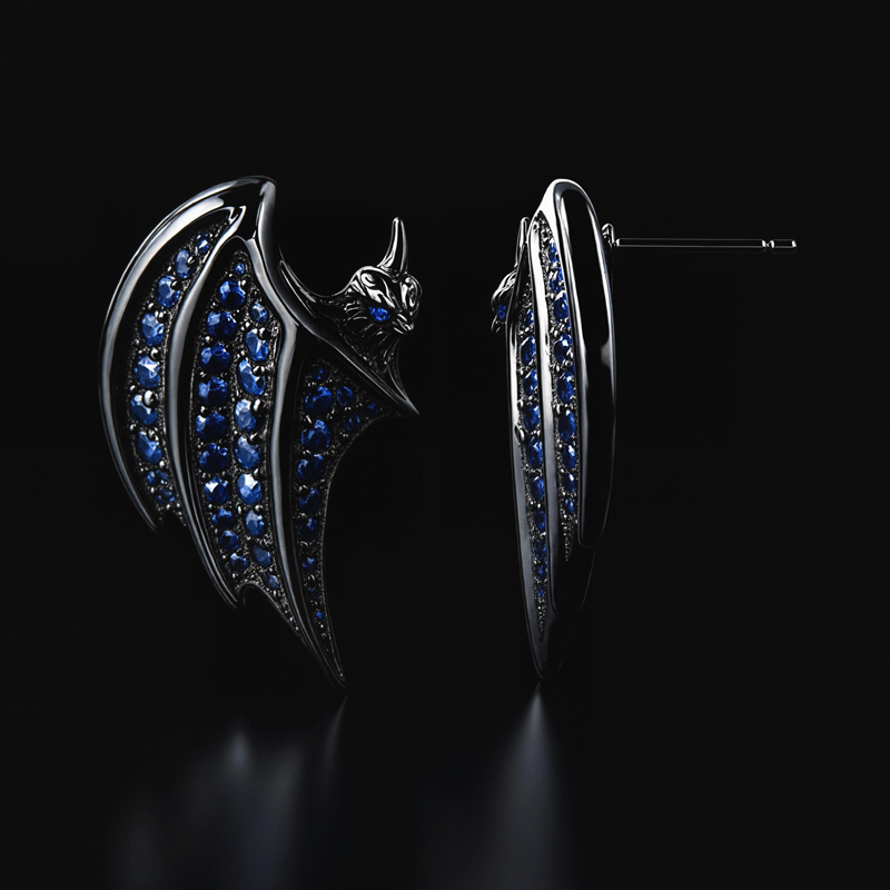 Royal Blue Sapphire Bats Stud Earrings in Black Gold