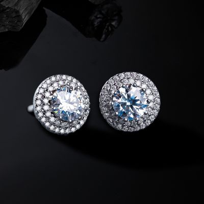 Moissanite Round Cut Double Halo Stud Earrings in S925 Sterling Silver