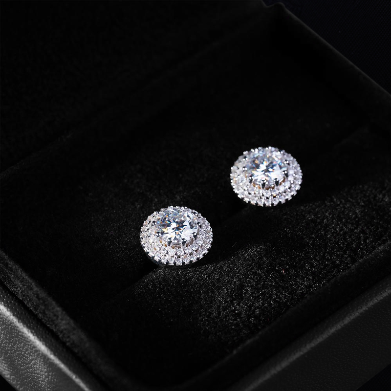 Moissanite Round Cut Double Halo Stud Earrings in S925 Sterling Silver