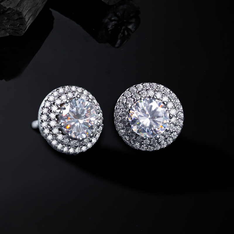 Moissanite Round Cut Double Halo Stud Earrings in S925 Sterling Silver