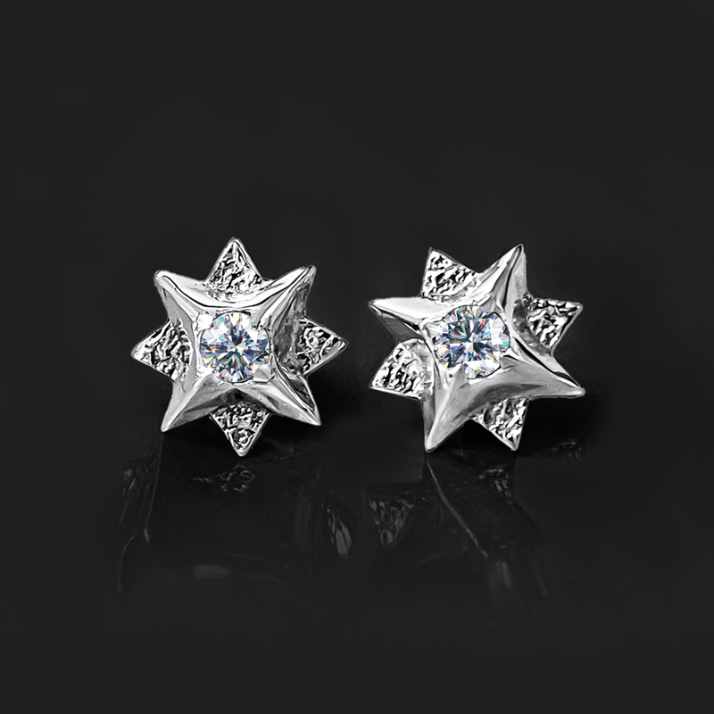 Moissanite Round Cut Polaris North Star Stud Earrings in S925 Sterling Silver