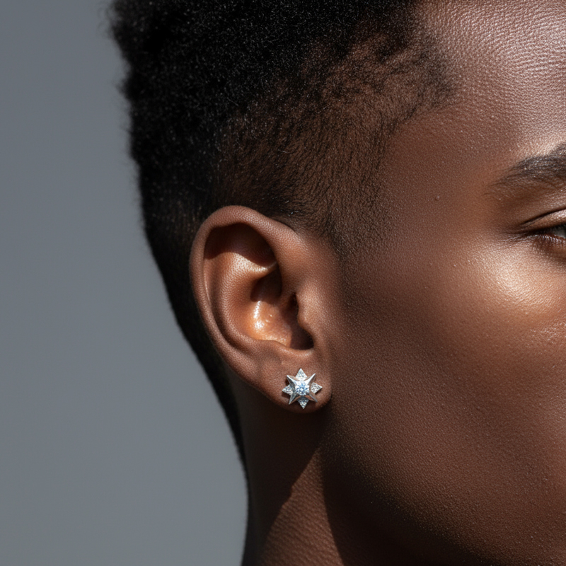Moissanite Round Cut Polaris North Star Stud Earrings in S925 Sterling Silver