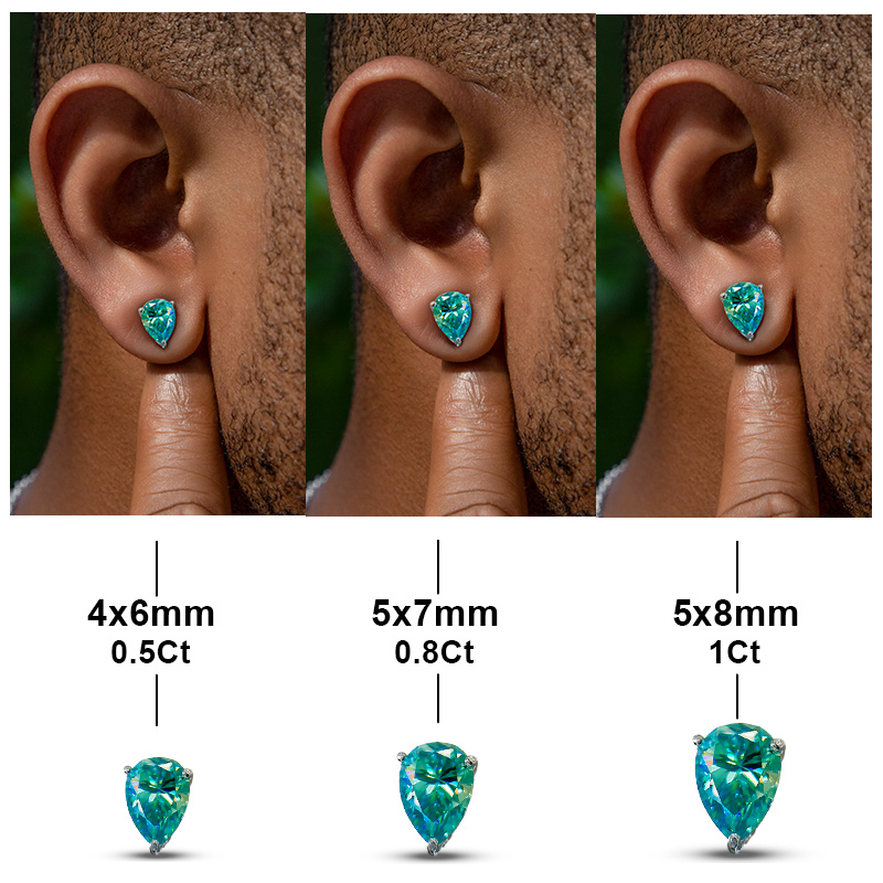 925S & VVS Moissanite 0.5Ct/0.8Ct/1Ct Light Blue Pear Cut Solitaire Stud Earrings