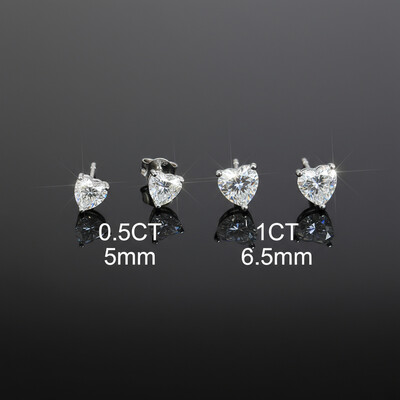 925S & VVS Moissanite 0.3Ct/0.5Ct/0.8Ct/1Ct Heart Cut Stud Earrings