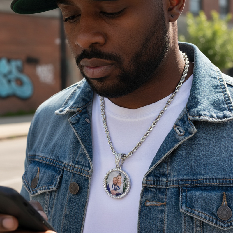 925S & VVS Moissanite Round Custom Picture Solid Pendant - 1"