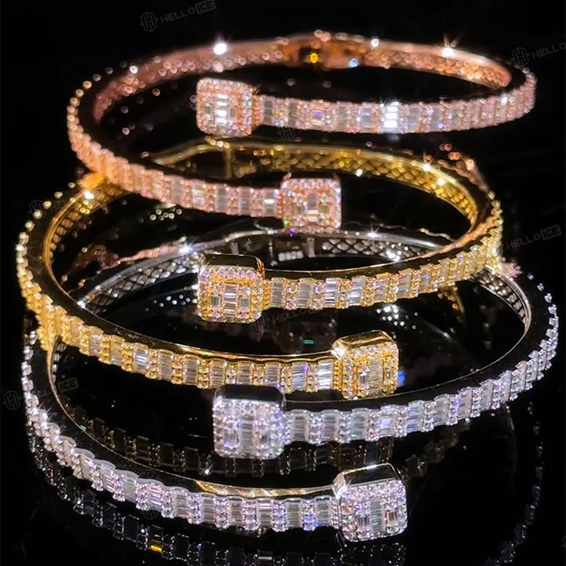 925S & VVS Moissanite Baguette Square Cluster Bangle Bracelet