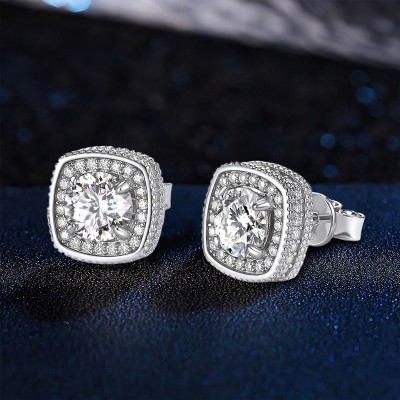 1Ct 925S & VVS Moissanite Cushion Cut Halo Stud Earrings