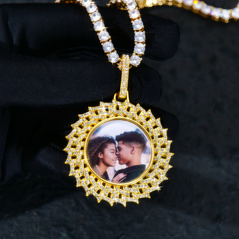 2" Iced Custom Spiked Cuban Chain  Circle Photo Pendant