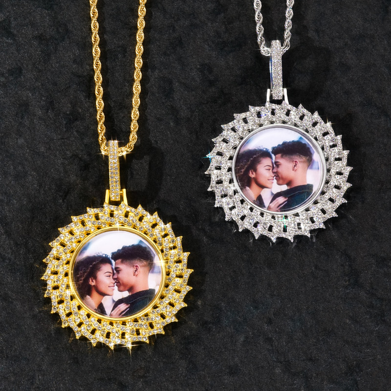 2" Iced Custom Spiked Cuban Chain  Circle Photo Pendant