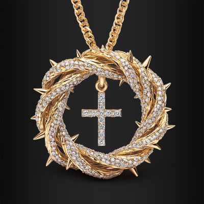 Micro Paved Crown Of Thorns with Cross Pendant