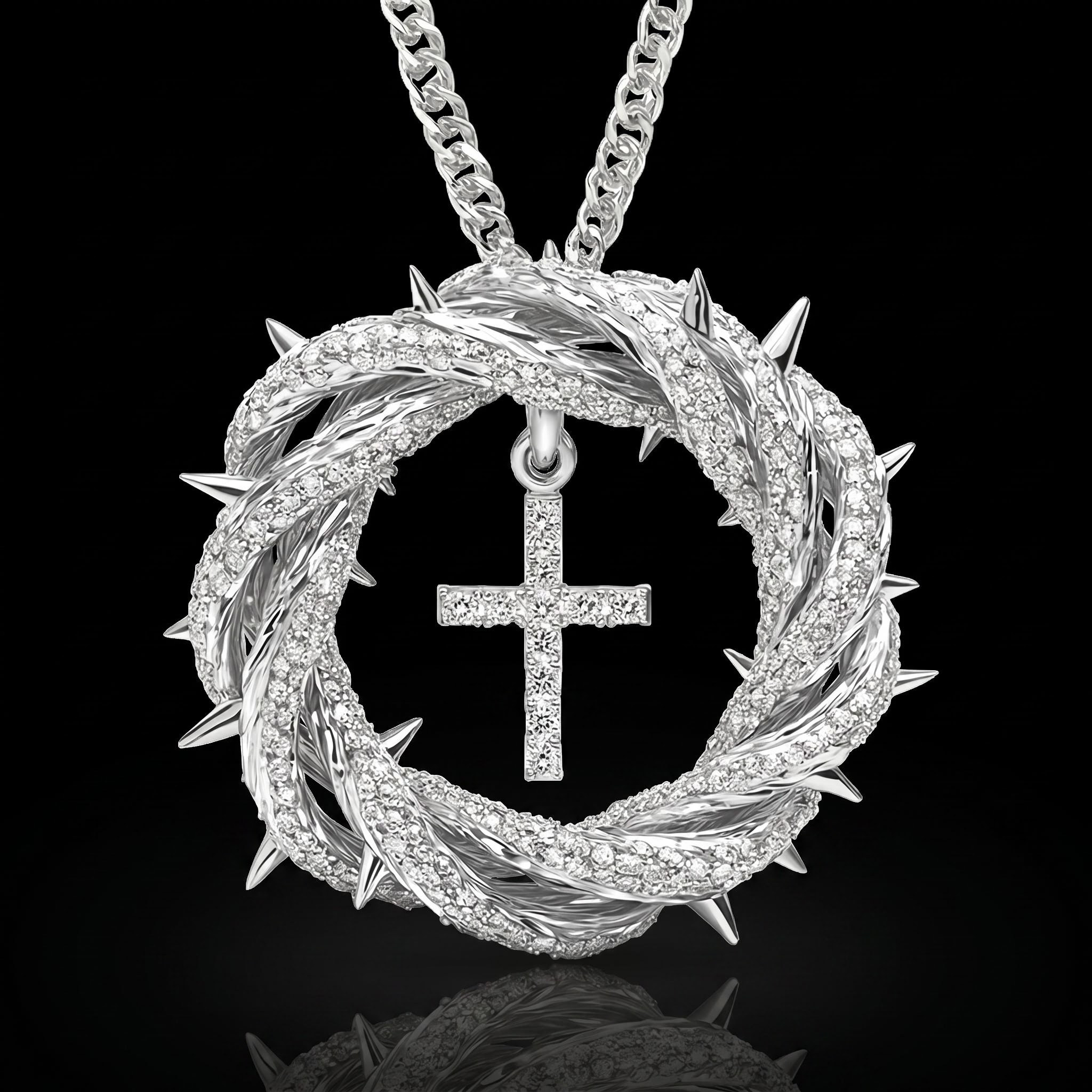 Micro Paved Crown Of Thorns with Cross Pendant