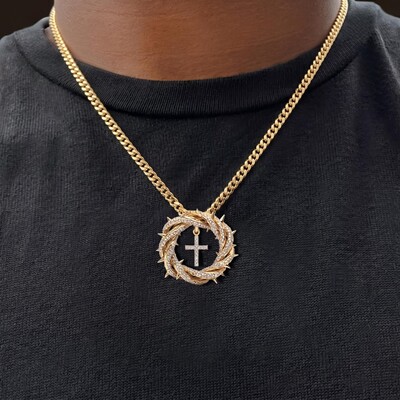 Micro Paved Crown Of Thorns with Cross Pendant