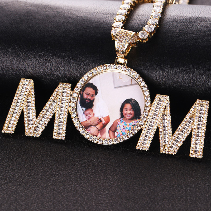 Iced Out Baguette Cut Custom Memory MOM Photo Pendant