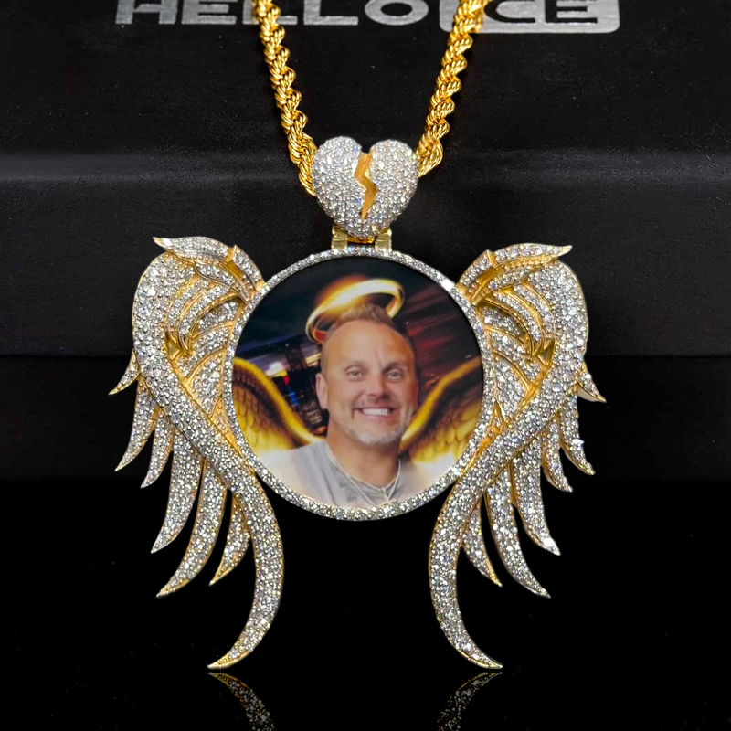 Iced Custom Angel Wings Broken Heart Photo Pendant in Gold