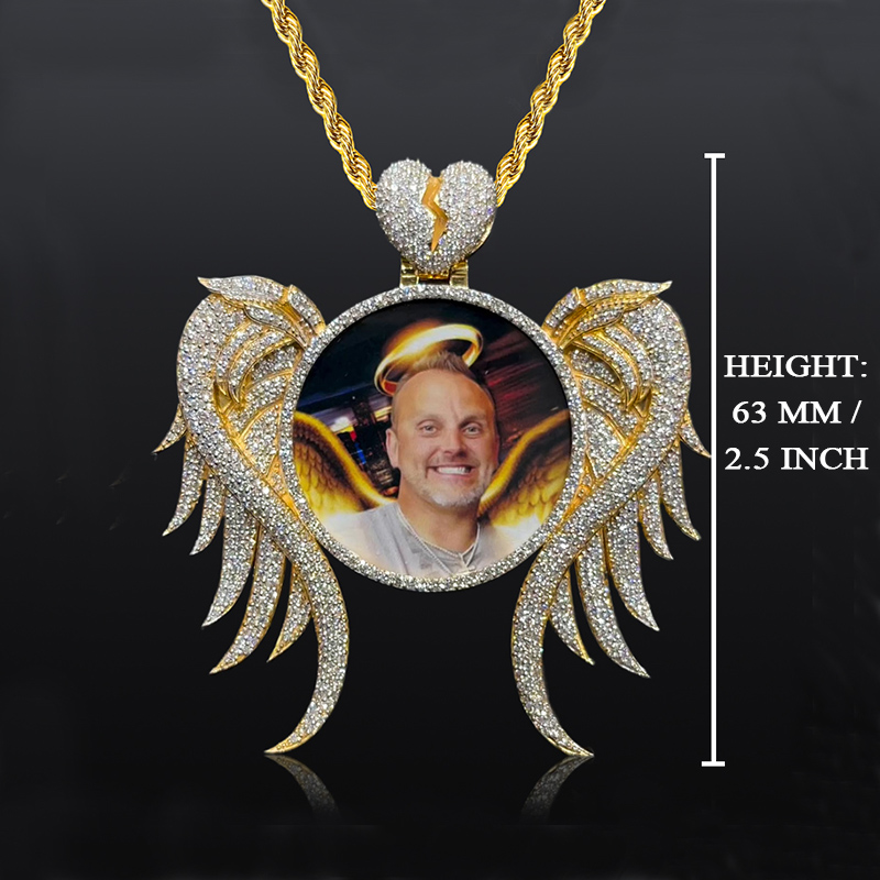 Iced Custom Angel Wings Broken Heart Photo Pendant in Gold