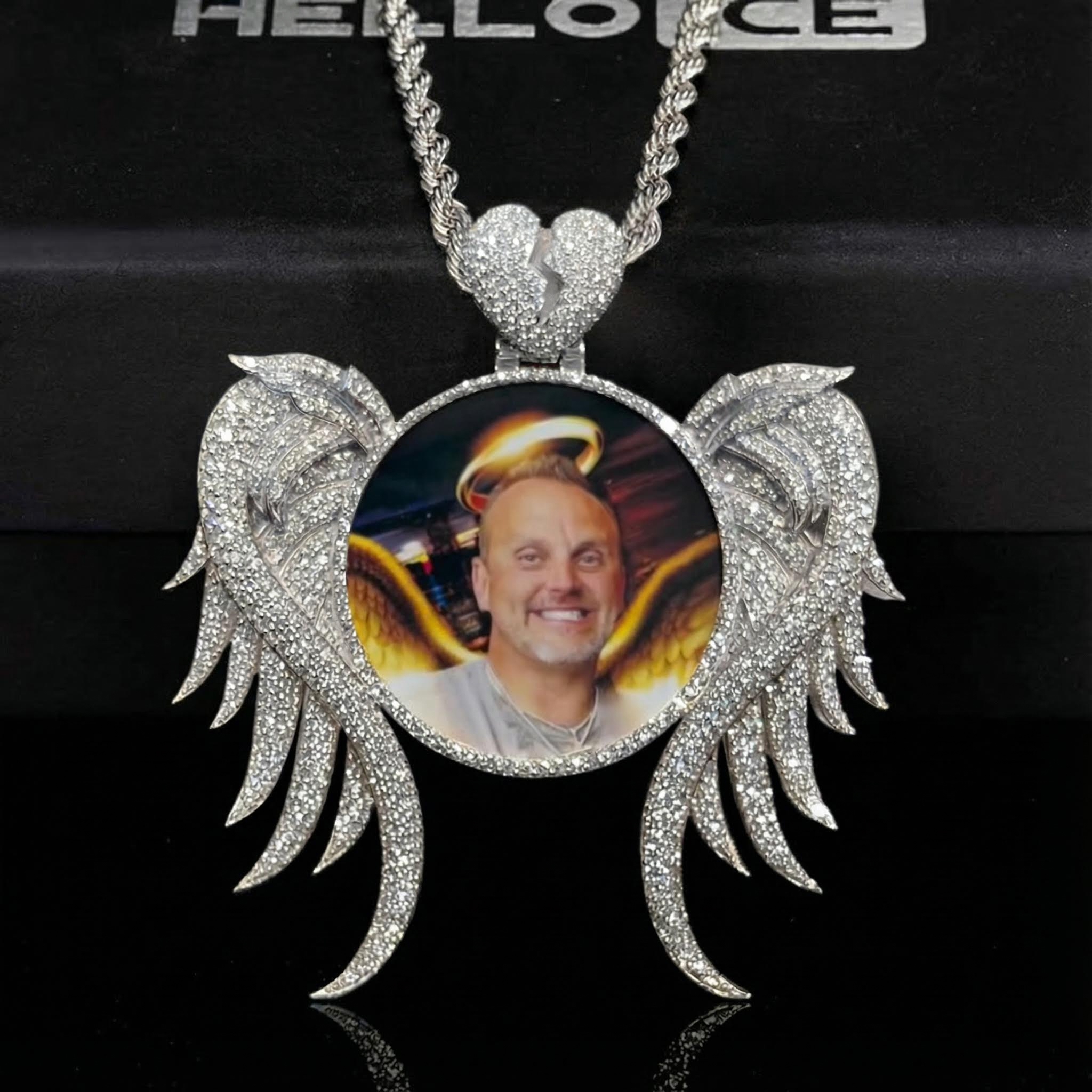 Iced Custom Angel Wings Broken Heart Photo Pendant in Gold