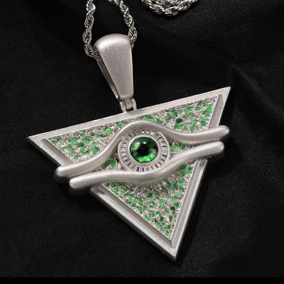 Iced Green Enamel Baguette Cut Egyptian Pyramid Eye of Horus Pendant