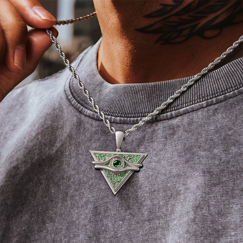 Iced Green Enamel Baguette Cut Egyptian Pyramid Eye of Horus Pendant