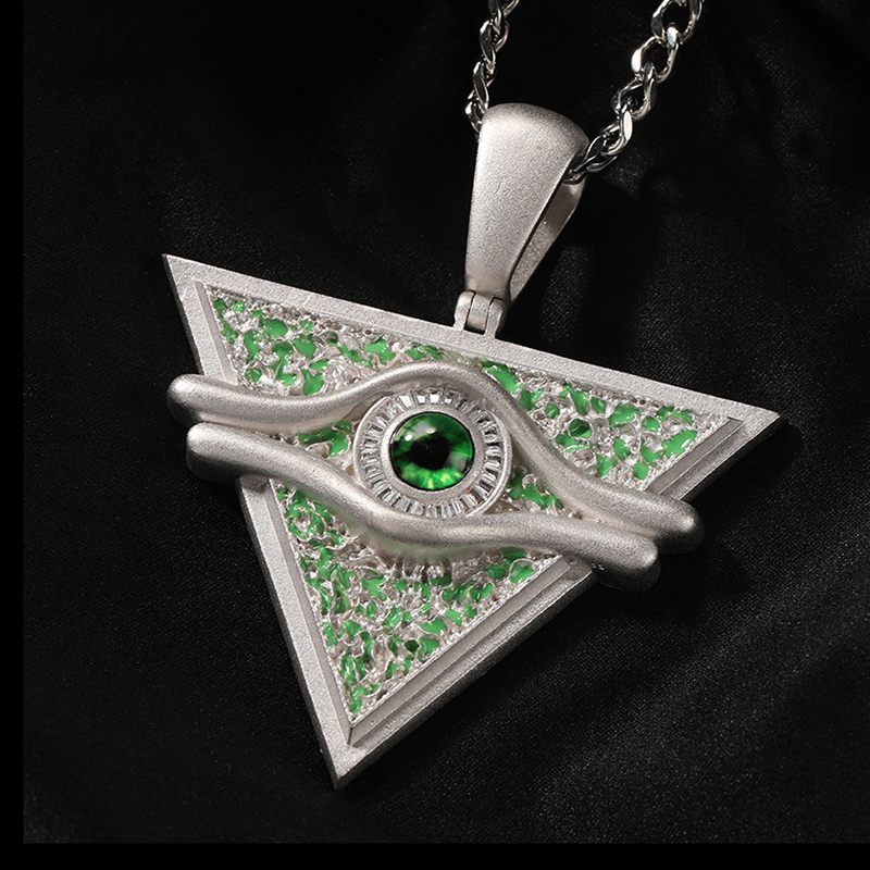 Iced Green Enamel Baguette Cut Egyptian Pyramid Eye of Horus Pendant