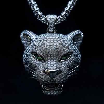 Roaring Leopard Head with Emerald Eyes Pendant