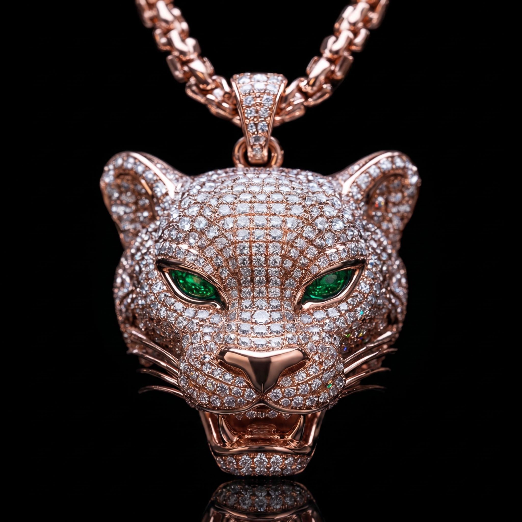Roaring Leopard Head with Emerald Eyes Pendant Roaring Leopard Head with Emerald Eyes Pendant