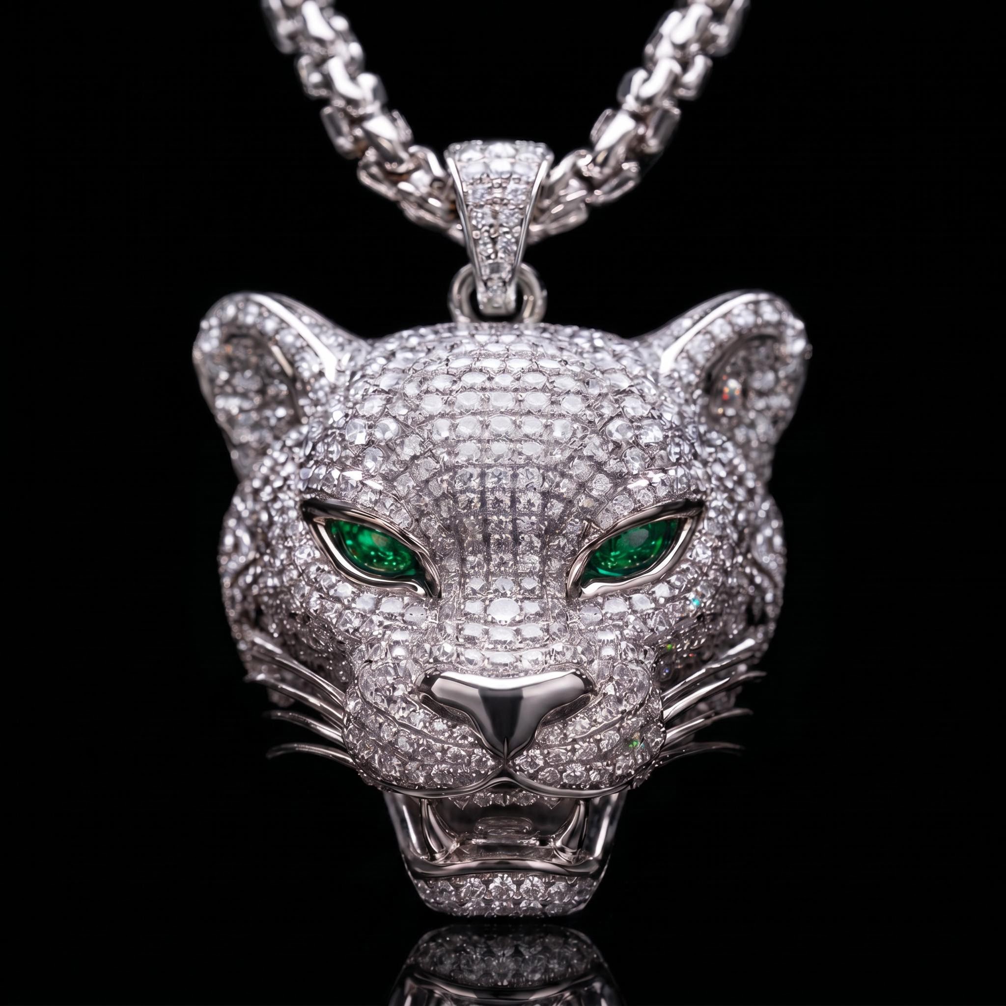 Roaring Leopard Head with Emerald Eyes Pendant Roaring Leopard Head with Emerald Eyes Pendant
