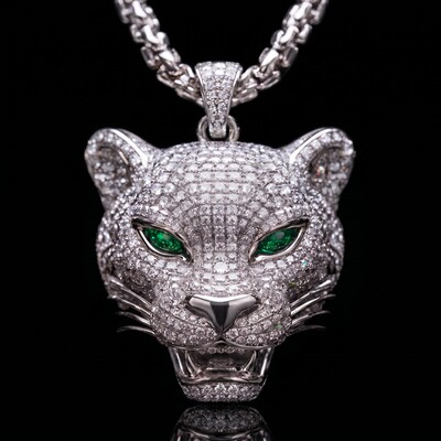 Roaring Leopard Head with Emerald Eyes Pendant