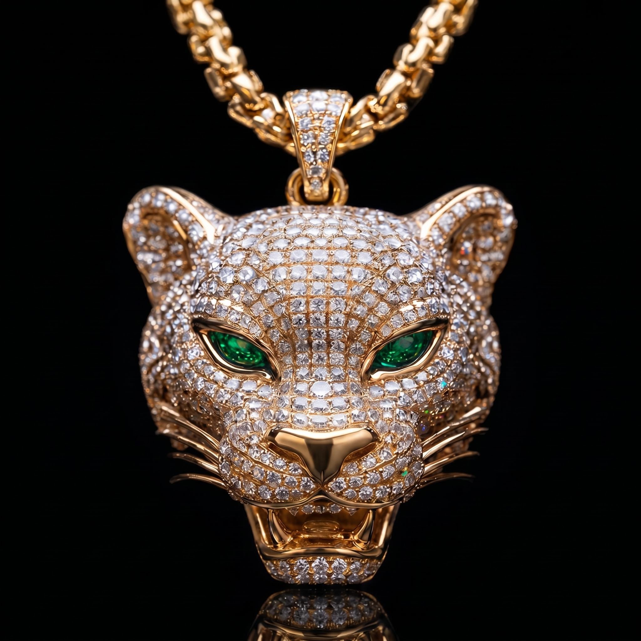 Roaring Leopard Head with Emerald Eyes Pendant Roaring Leopard Head with Emerald Eyes Pendant